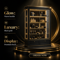 Vitrine de présentation de luxe noire et or avec éclairage LED et étagères en verre pour cosmétiques, idéale pour les boutiques de détail