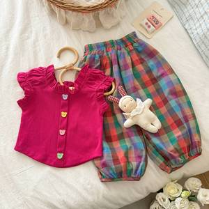 TongXingYuan Girls Summer Outfit Two Piece Set Rose Red Vest Plaid Pants Cotton Thin Checkered Solid Color Baby Clothes - Product Image 2