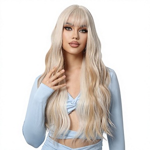 Peluca Sintética Larga Ondulada Rubia Platino Marrón Claro con Encaje, Hecha a Máquina, con Flequillo y Línea de <span class=keywords><strong>Cabello</strong></span> Natural, Resistente al Calor para Mujeres - Product Image 2