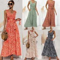 Col en V ceinture taille haute robe de plage sans manches femmes longue robe robe d'été