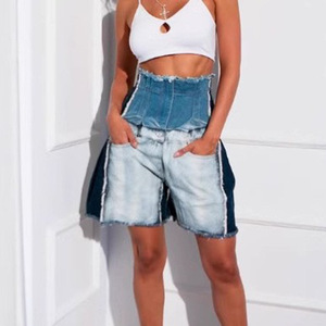 Nouveau short en jean droit pour femme, coupe ample et large, style rétro, avec empiècements de couleurs contrastées, tendance - Product Image 1