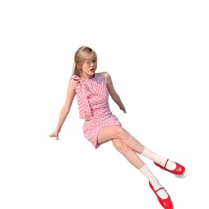 เดรสทรงดินสอผ้าทอลายสก็อตสีชมพู คอ halter แขนกุด ความยาวปานกลาง สำหรับผู้หญิง ตัดเย็บแบบไม่สมมาตร ระบายอากาศได้ดี เหมาะสำหรับใส่ในชีวิตประจำวัน สไตล์ลำลอง - Product Image 5