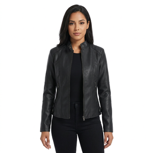 Veste en cuir noire pour femme à col en V, fermeture éclair intégrale, vêtement d'extérieur décontracté à manches longues, design à empiècements, vestes en cuir tendance pour femmes - Product Image 1
