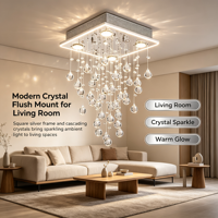 Lustre moderne en cristal en forme de goutte de pluie, plaque de plafond en acier inoxydable argenté, luminaire suspendu en cristal cascade pour salon