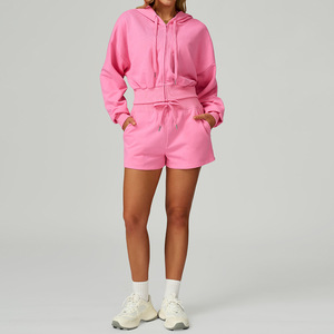 Women's Casual Winter Hooded Sports Suit Zip-Up Hooded Tracksuit with Front Logo Breathable and Lightweight Solid Pattern