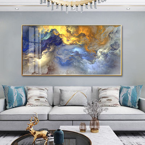 Blue Gold Cloud Canvas Modern Fantasy large crystal porcelain abstract framed art glass wall art painting for living room - Product Image 2
