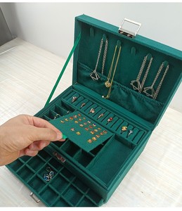 <strong>Lockable</strong> Large 3 Layer Green Suede <strong>Jewelry</strong> Necklace Rings Earrings Storage <strong>Box</strong> With Removable Tray - Product Image 4