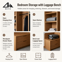 Armoire ouverte pour chambre à coucher avec tringle de suspension, étagères, tiroir, banc de rangement et meuble de rangement en bois pour usage domestique - Ensemble