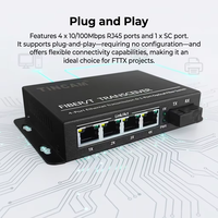 Convertidor de Medios de Fibra Óptica TiNCAM 20km 10/100Mbps |   Convertidor de Medios de Fibra Óptica para CCTV con 1 Puerto de Fibra SC + 4 Puertos Ethernet RJ45
