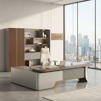 Ensemble de mobilier de bureau exécutif minimaliste, grand bureau de direction contemporain avec panneau lumineux unique et placage en noyer
