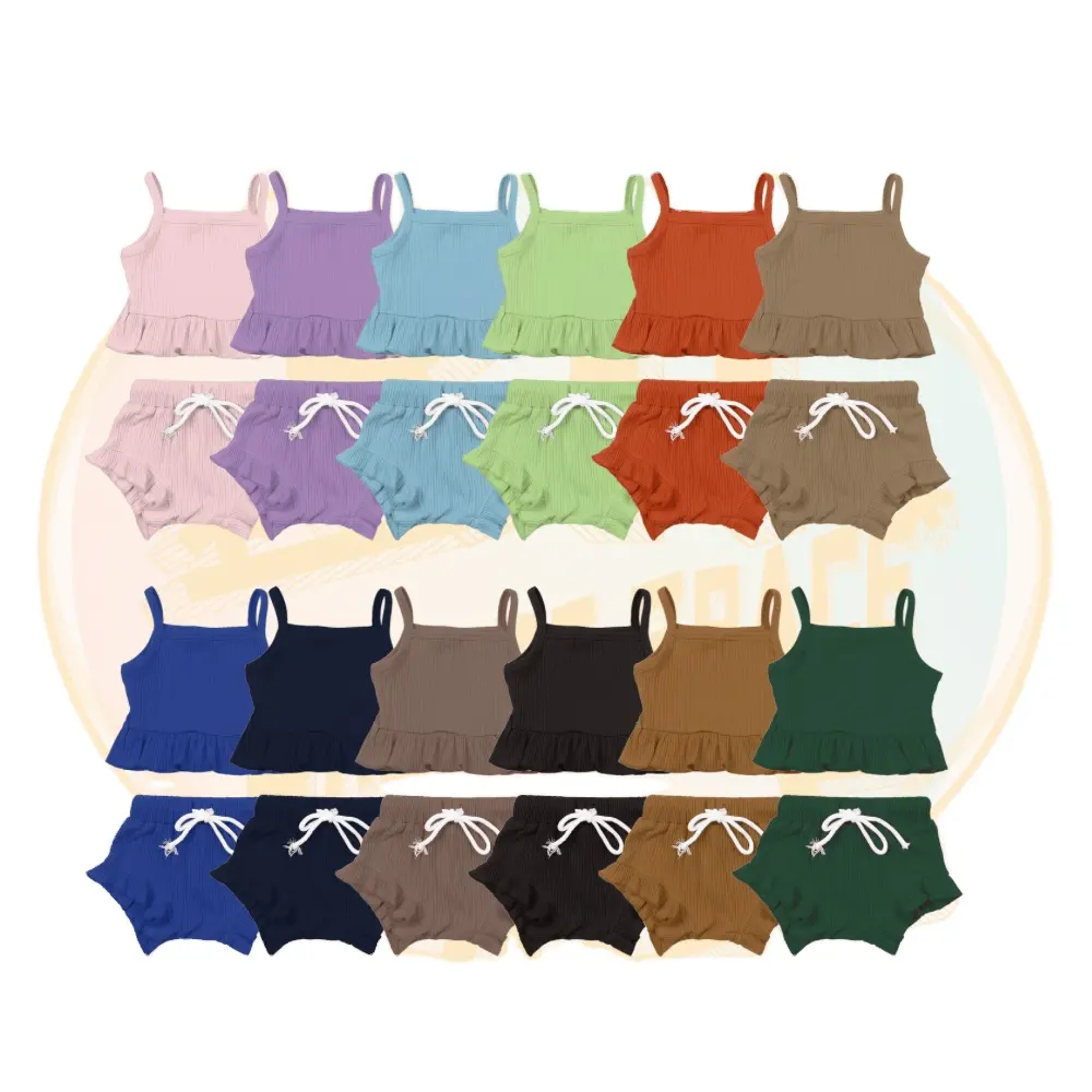 Conjuntos informales personalizados para niñas pequeñas, conjunto de 2 piezas de punto acanalado de color sólido de verano para bebés, conjuntos de ropa para bebés
