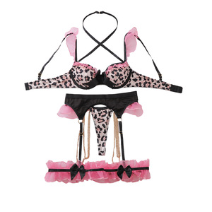 Nouvelle collection été 2026 : Ensemble de lingerie 3 pièces audacieux et ludique pour <span class=keywords><strong>femme</strong></span>, imprimé léopard, avec volants et <span class=keywords><strong>porte</strong></span>-jarretelles à chaîne - Product Image 4