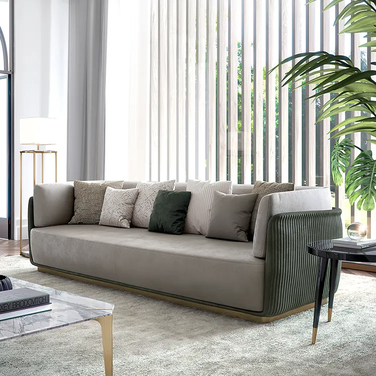 Sofá clásico de latón puro de lujo para sala de estar/muebles contemporáneos sofá elegante de terciopelo de 3 plazas sofá italiano de nuevo diseño moderno