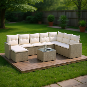 Ensemble de salon de jardin en rotin 6 places, mobilier d'extérieur au design contemporain avec structure en acier et plateau en verre trempé - Product Image 2