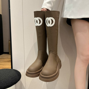 Bottes longues pour femme, style décontracté, couleur unie, talon épais moyen, fermeture éclair arrière, semelle épaisse, antidérapantes, respirantes, pour l'automne - Product Image 5