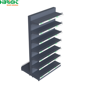 Gondole de supermarché noire perforée simple face avec rail porte-étiquette et garde-corps avant pour magasin de proximité - Product Image 6