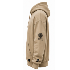เสื้อฮู้ดพิมพ์ลาย Beige Rise Beyond Limits สำหรับผู้ชาย ผ้าฟลีซนุ่ม ทรงโอเวอร์ไซส์ สวมใส่สบาย สไตล์สตรีทแวร์ เหมาะสำหรับออกกำลังกายและสวมใส่ทั่วไป - Product Image 3