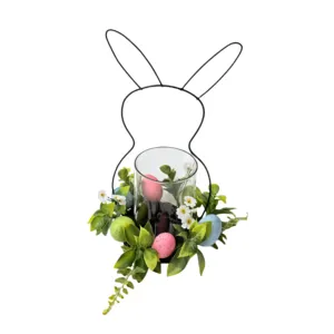 Coniglio di arte di ferro da 14.5 pollici con portacandele di vetro vaso decorativo fiore corona piante decorazioni per la casa
