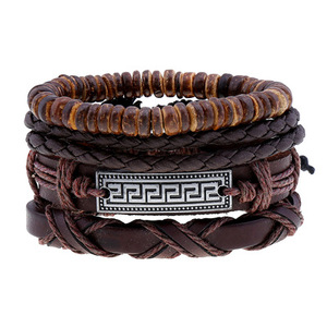 Nieuwe meerlaagse brede zwarte leren armbandensets voor heren groothandel 3-4 stuks vintage herenaccessoires anker blad uil armband - Product Image 5