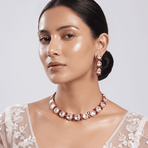 Rose Gold Plated Uncut Kundan Choker <b>Necklace</b> Set with <b>Ruby</b> Red Stones and Matching Drop Earrings for Bridal Wedding Wear - Product Image 4