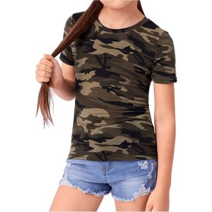 FOXA Camiseta de manga corta con estampado de camuflaje para niña, cuello redondo, top informal de verano, 100% algodón, transpirable - Product Image 1