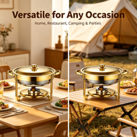 Ensemble complet de réchaud en acier inoxydable plaqué or avec brûleur et couvercle, chauffe-plats pour buffet, idéal pour les fêtes, banquets et traiteurs