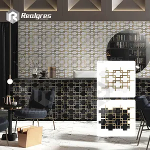 Realgres hochwertige schwarze goldene Wasserstrahl-Feleiste Wand-Spiegelung Marmor-Stein-Mosaik für Wohnzimmer