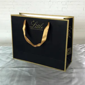 Wholesale Boutique Jewelry Packaging Luxury High Quality Golden Edge Black Paper Bag With Logo Custom Printed