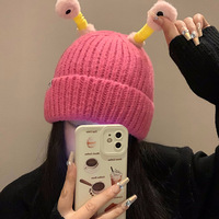 Gorro de monstruo de dibujos animados brillante, encantador, atractivo y divertido, cálido para el invierno, elástico, para cabezas grandes, para mujer