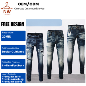 <span class=keywords><strong>Jeans</strong></span> Strappati da <span class=keywords><strong>Uomo</strong></span> Personalizzati Stile High Street Americano ed Europeo, Elasticizzati Slim Skinny <span class=keywords><strong>Fit</strong></span> con Toppe, Pantaloni in Tessuto Denim di Marca da <span class=keywords><strong>Uomo</strong></span> - Product Image 1