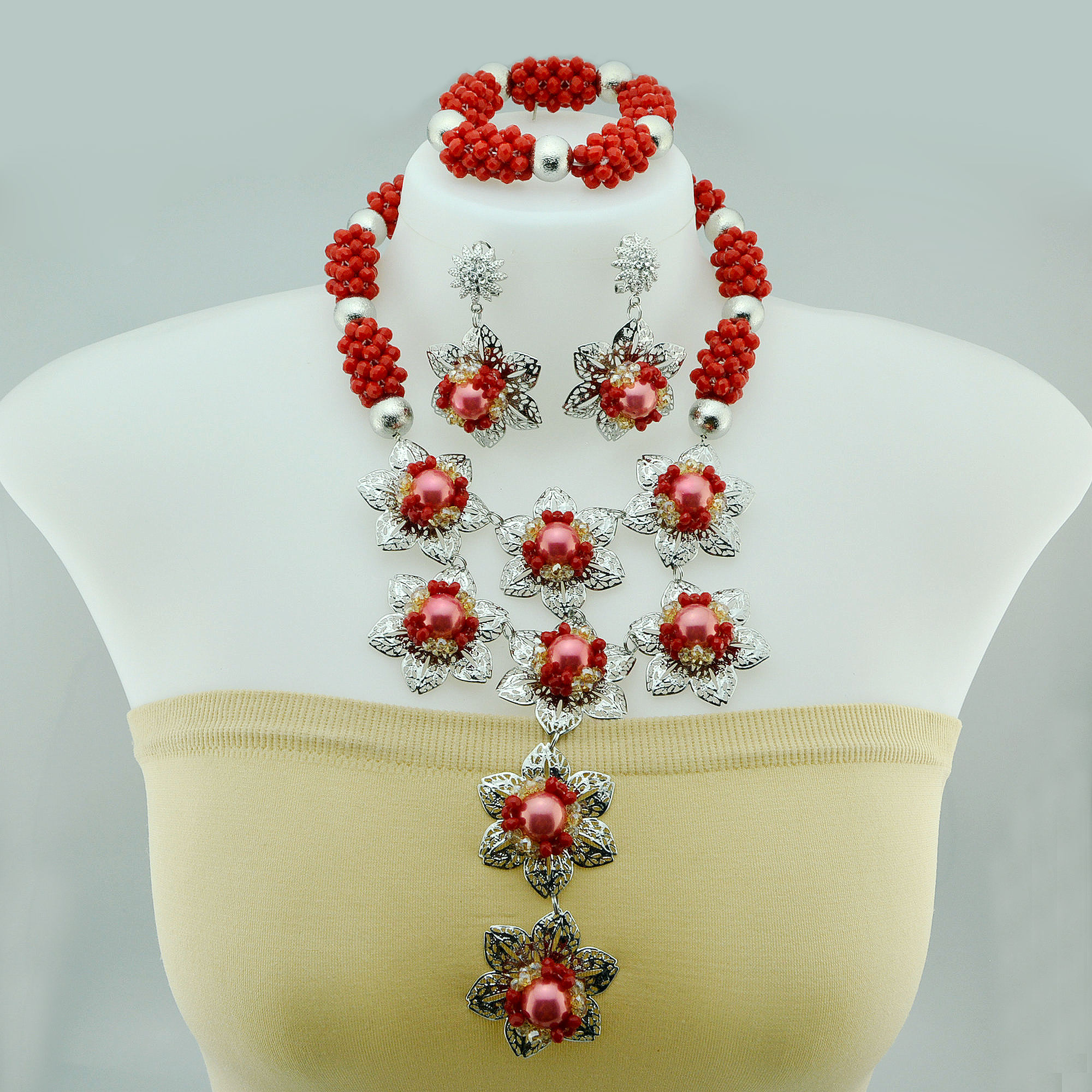 2019 Coral Beads Set Latest Styles Designs Nigerian Beads Necklace Set Red  Bridal Wedding Jewelry Set