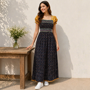 Robe longue évasée en coton imprimé de haute qualité, bleu marine, col carré, manches bouffantes smockées, pour femme, vente en gros - Product Image 1