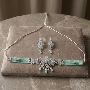Hermoso Conjunto de Collar Bandhai con Circonita Cúbica de Color Menta, Baño de Rodio, para Boda, Compromiso, Fiesta, Clásico 421251 - Product Image 2