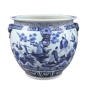 Grande <span class=keywords><strong>jardinière</strong></span> en céramique chinoise antique peinte à la main motif <span class=keywords><strong>de</strong></span> poisson bleu et blanc Pots <span class=keywords><strong>de</strong></span> fleurs et jardinières d'intérieur et d'extérieur - Product Image 1