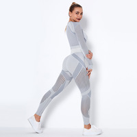 Ensemble de sport 2 pièces sexy pour femme, sans couture, en maille ajourée, avec leggings de yoga à manches longues, motif uni, taille haute élastique et respirant
