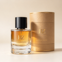 Bouteille de parfum en verre ronde large de 100 ml avec impression de logo doré personnalisée, vaporisateur à fine brume, bouchon de parfum noir mat