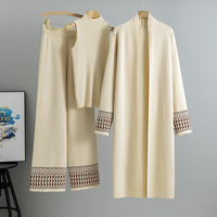 Ensemble trois pièces tricoté pour femme Printemps 2026 : Cardigan à manches longues + Gilet + Pantalon large