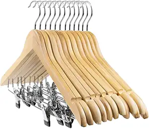 Manufacture Hot sale Factory Production Wooden Hangers Solid High Quality with Durable Adjustable Metal Clips