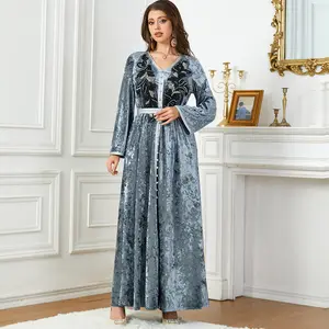 新しいデザインパーティールーズガールズフローラルプリントドレスバルク卸売服カフタンパッチワークアバヤ女性秋のイスラム教徒の服