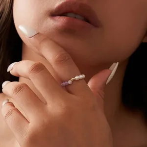 Vente en gros de bagues en perles d'eau douce naturelles + mica violet, bijoux en pierres naturelles, bagues en argent sterling 925, bijoux plaqués or pour femmes - Product Image 1