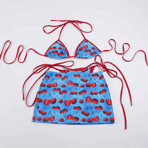 Women's 3-Piece Cherry Print Bikini Set Halter Triangle Top with Tie-Side Bottom and Matching Sarong Sexy Beach Swimwear 2026 - Product Image 6
