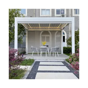 Pergola ngoài trời với điều khiển từ xa và đèn LED có thể thu vào pergola Sun Shade không thấm nước louver mái kim loại vườn pergola