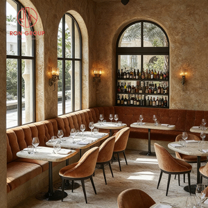 Restaurante de Lujo Retro de Estilo Toscana Francesa del Sur, Mesa de Mármol Natural y Sillas de Terciopelo Naranja con Asientos Tipo Cabina para Cafetería - Product Image 5