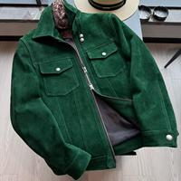 Veste de camionneur en daim vert véritable pour homme |   Blouson court de motard décontracté en Nappa inversé respirant avec fermeture éclair, tendance