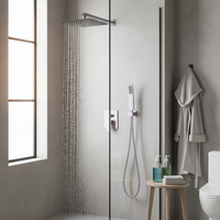 Ensemble de douche mural double avec robinet, pommeau de douche cascade de 10 pouces et douchette à main, finition nickel brossé, en alliage céramique
