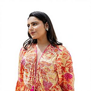 Robe midi bohème florale orange en coton à imprimé numérique, col en V, manches bouffantes, coupe trapèze, décontractée pour l'été et les fêtes, écologique et respirante - Product Image 1