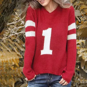 Custom Blue Basic Letter Striped Women Sweater Autumn Winter Sports Fashion Knitted Top Women Clothing