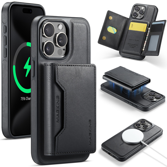 Magnetic Three Fold Card Pocket 2 in 1 Detachable Matte PU Leather Phone Case for iPhone 16 Pro Max 15 Plus 14 13 12 S25 S24