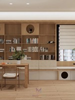 Étagère ouverte multifonctionnelle minimaliste en chêne avec rangement, sièges rembourrés sur mesure et niche pour animaux – Idéale pour le bureau à domicile