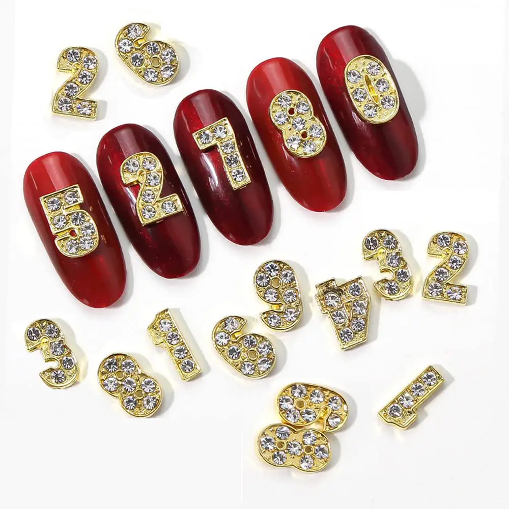 3d Nail Art Charms For Acrylic Nails Gold Silver Number with Rhinestones for Manicure Nail Art Number Charms